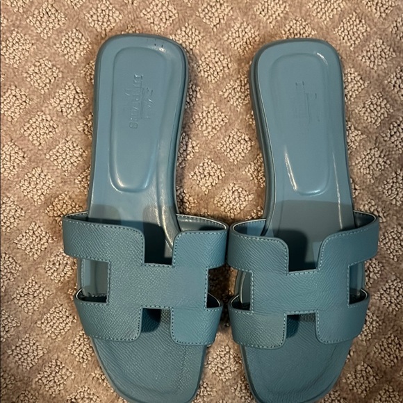 Blue/ Turquoise Hermes style Sandals with logo - Picture 1 of 5
